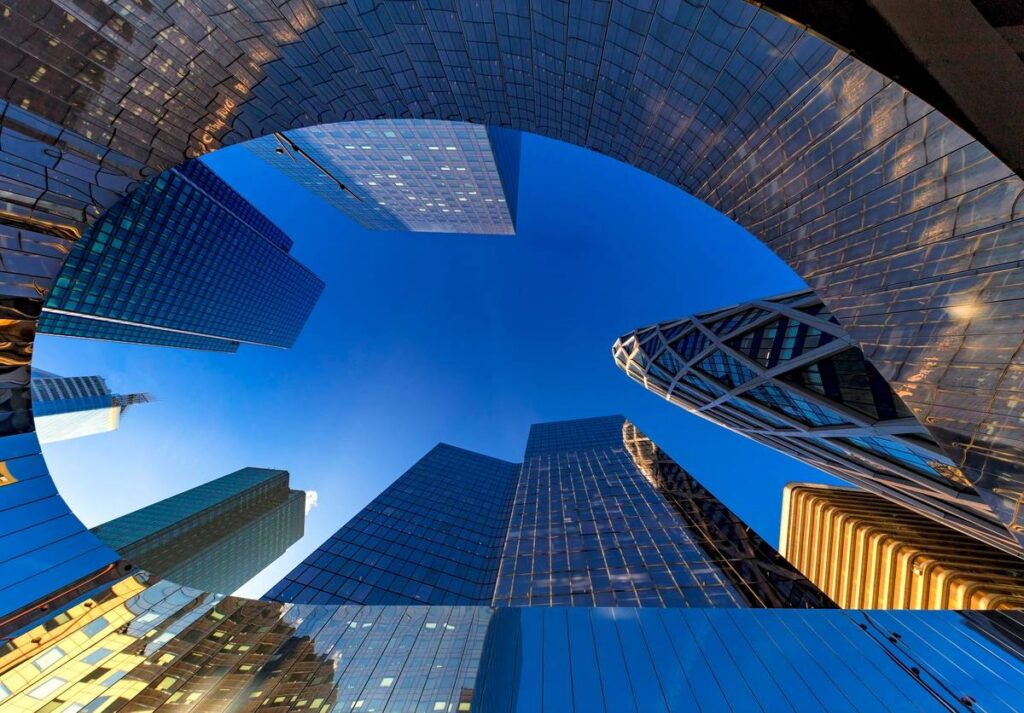 Up view of modern building of La Defense, Business district at the west of Paris, France